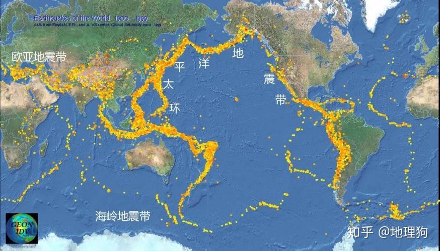 海岭地震带(5%)在大洋中脊的附近.