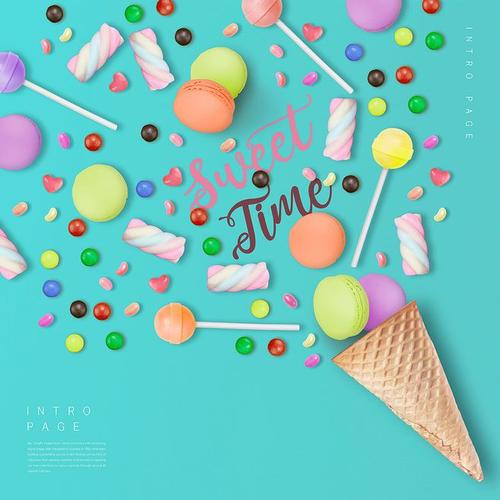 马卡龙甜品棉花糖棒棒糖冰激凌甜筒彩色糖豆蓝色背景糖果主题海报设计