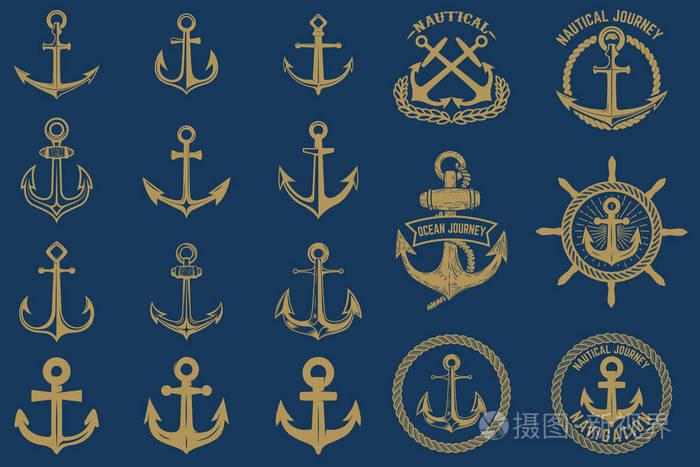 一套老式风格的航海标志和设计元素. 锚标签设置在蓝色背景上.