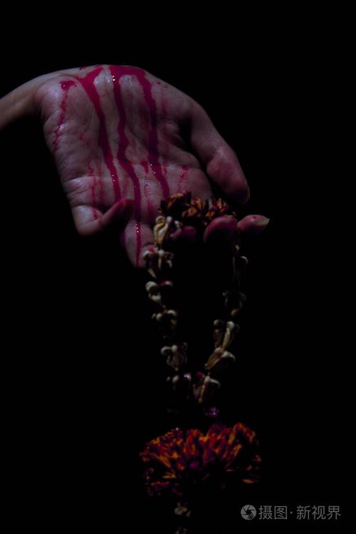 带出血的手抓住了黑色背景上的干燥花花环.