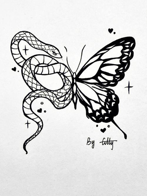 蝴蝶与蛇黑白简笔画0353内附详细教程