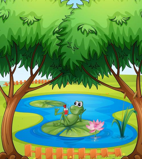一只青蛙,一只青蛙在池塘中的插图