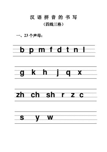 汉语拼音的书写 (四线三格) 一,23个声母: bpmfdtnl gkhjqx zhchshr