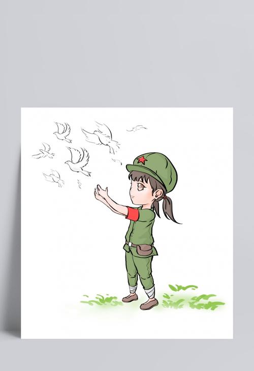 建党节放飞和平鸽的女军人插画