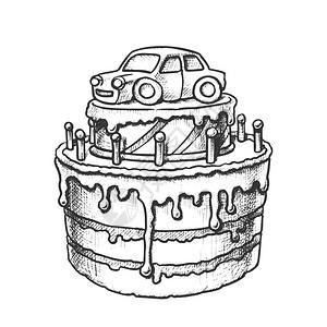 黑白插图绘制生日蛋糕用汽车反光矢量装饰图片素材
