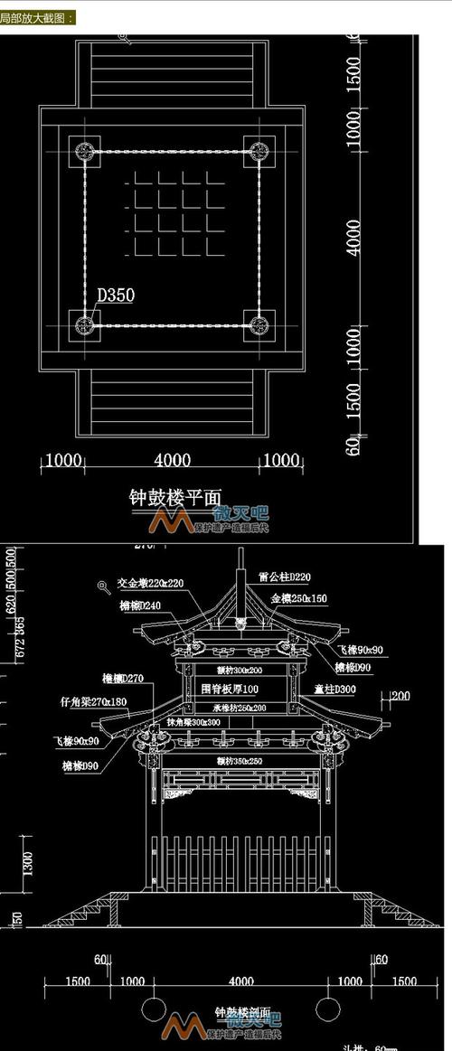 h176寺院寺庙清代木结构古建筑重檐攒尖顶钟楼鼓楼建筑cad施工图