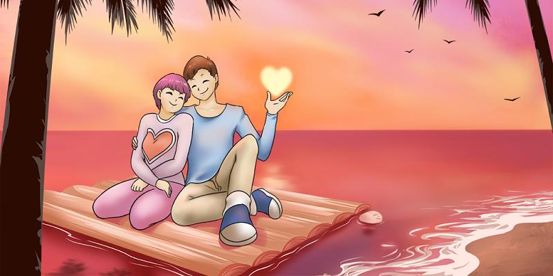 情人节插画手绘木筏的情侣情人节背景海报素材