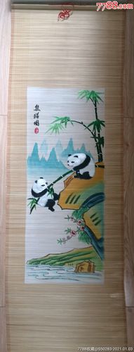 七十年代竹丝画帘熊猫图