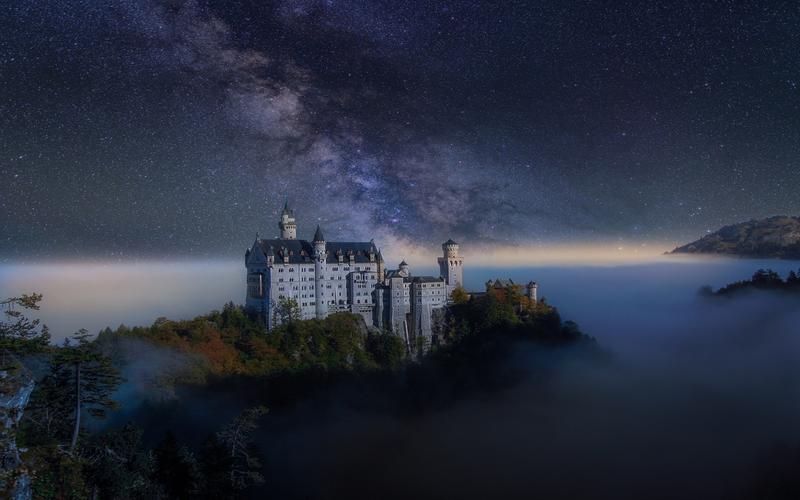 晚上,城堡,星空,薄雾,德国 壁纸