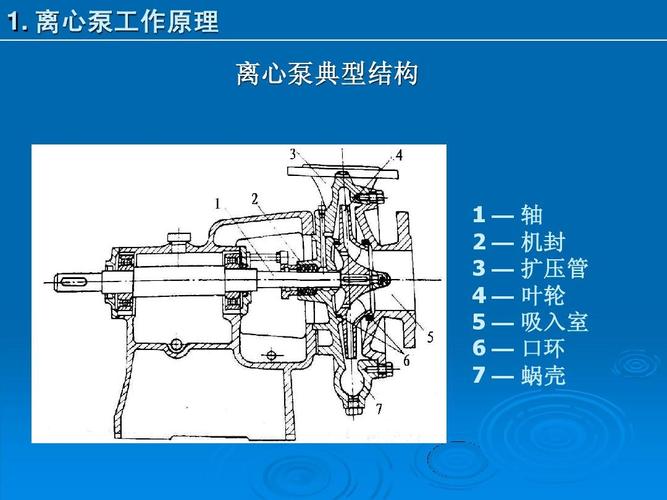 离心泵工作原理 离心泵典型结构 1—轴 2 — 机封 3 — 扩压管 4