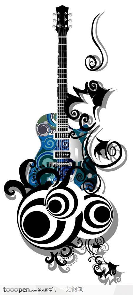 时尚吉他黑白纹样矢量装饰素材