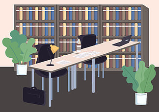 大学图书馆平面彩色矢量图.大学教室 2d 卡通内部与背景书柜.