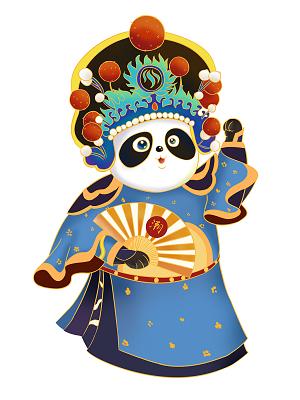 彩色手绘中国风国潮卡通熊猫结合戏剧服饰戏剧元素png素材