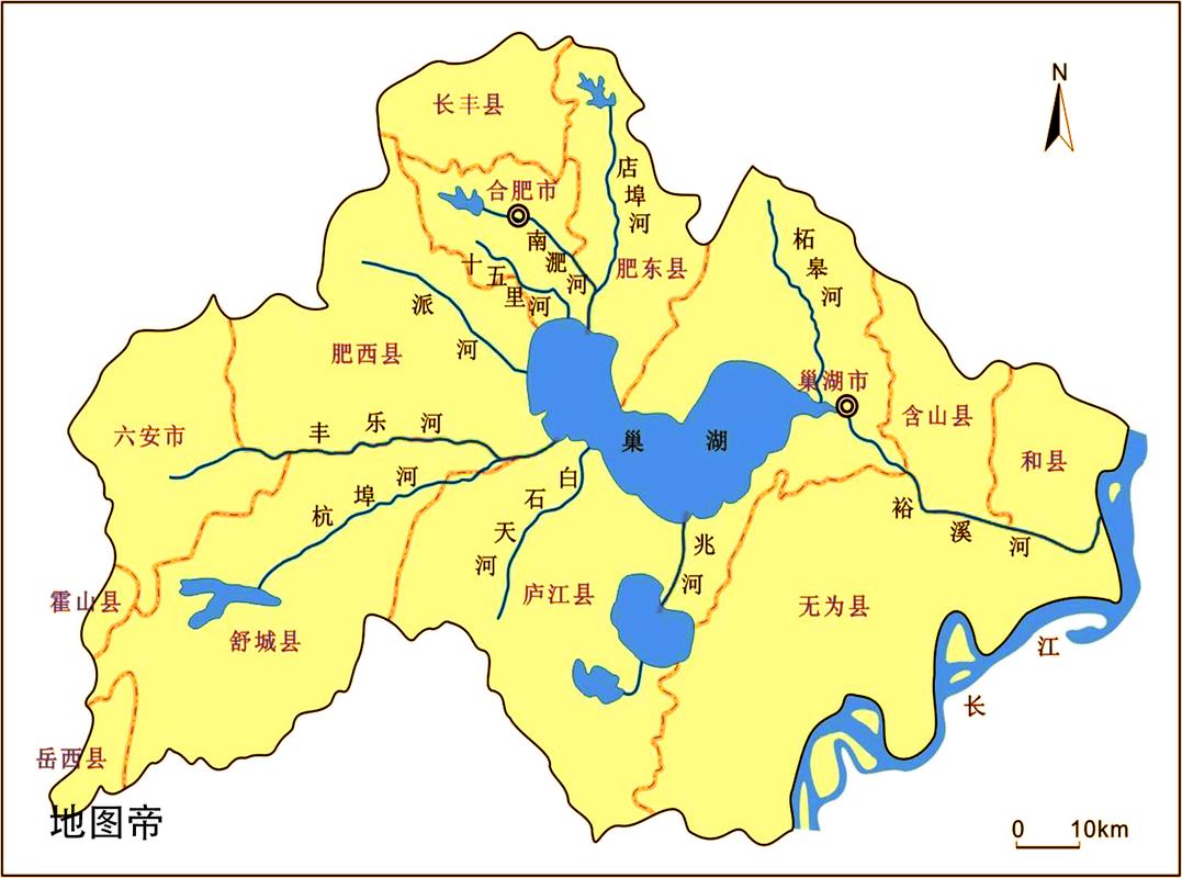 从巢湖可通过裕溪河进入长江. 转载自百家号作者:地图帝