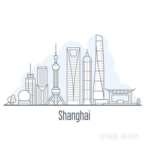 上海城市天际线--以班轮风格地标为标志的景观插画-正版商用图片05r0