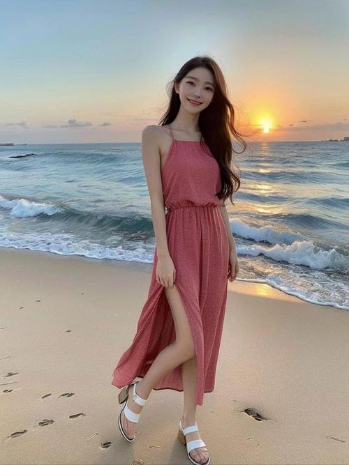 美女浪漫沙滩上的粉色公主优雅穿搭展现甜美笑容高腰连衣裙凸显完美