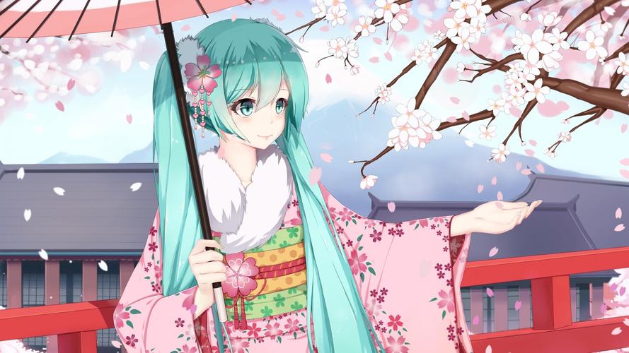 樱花日系和服雨伞可爱动漫卡通初音未来壁纸
