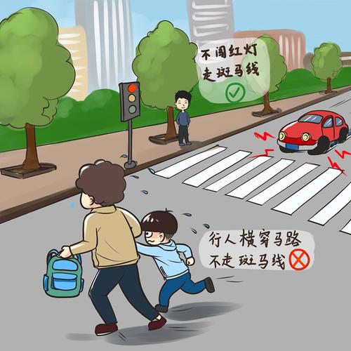 行人过马路勿闯红灯,绿灯亮起方可通过;行人请走斑马线,切勿随意穿行.