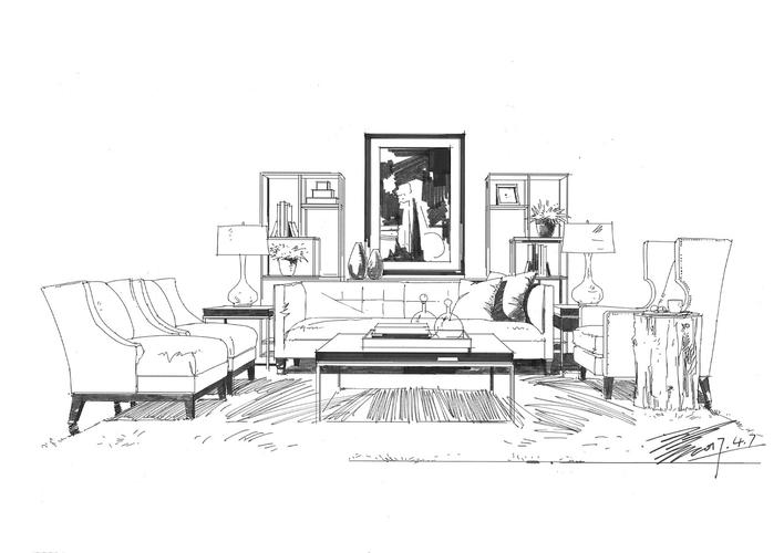 室内设计手绘作品分享(1)家居陈设元素线稿表达