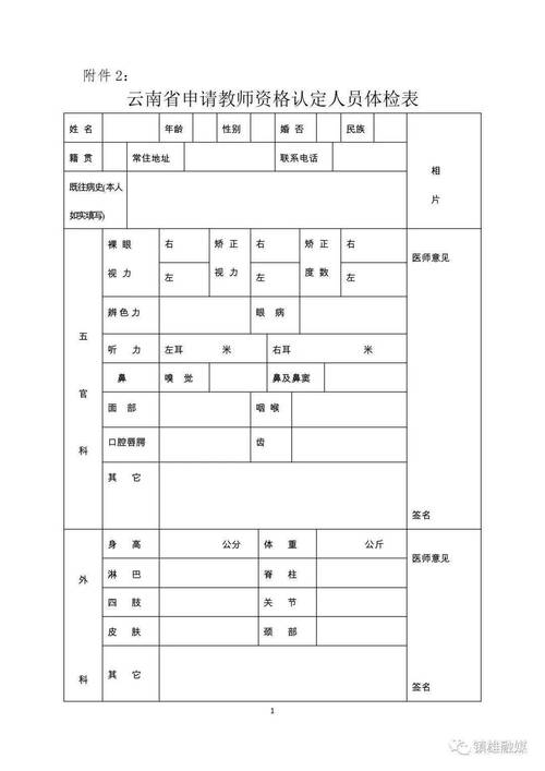 附件:云南省申请教师资格认定人员体检表
