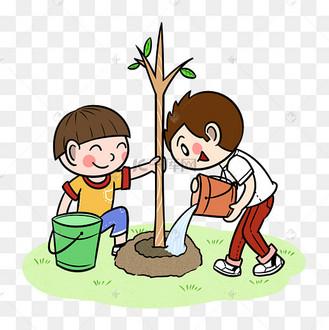 卡通植树节儿童浇水种树png透明底