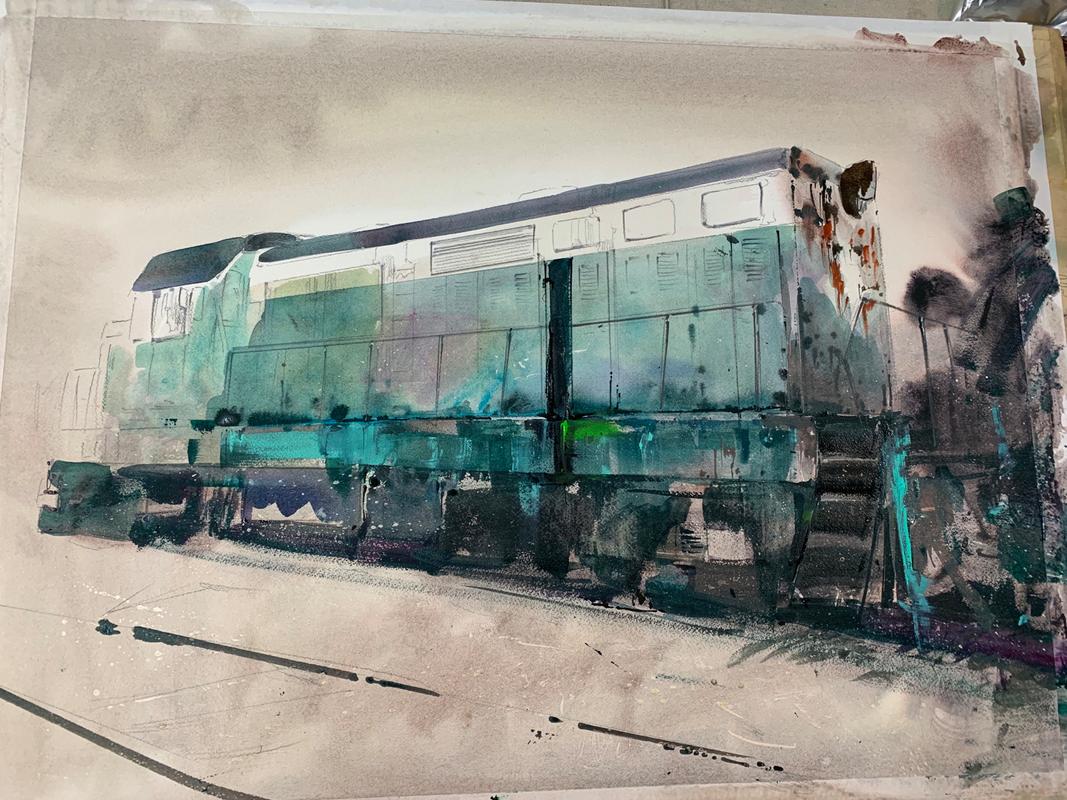 水彩火车头绘画步骤 承载记忆的绿皮火车