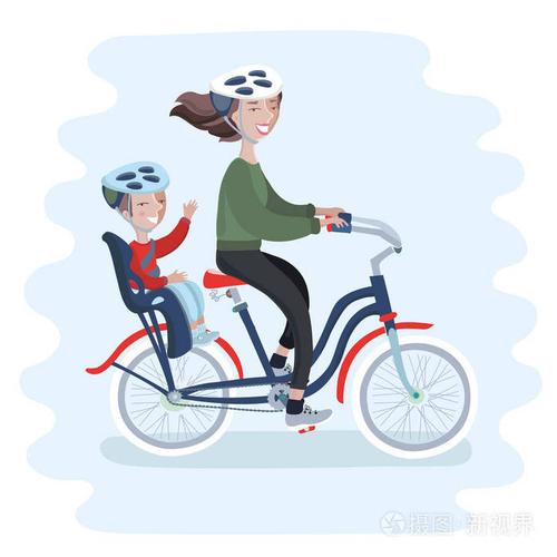在自然背景骑自行车带着可爱的婴儿的年轻女人.母亲节的庆祝的矢量图