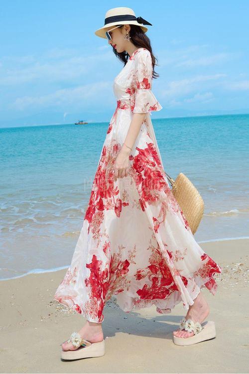 旅游拍照穿裙子法式长款女夏显瘦大摆仙女雪纺长裙白底红花4xl140150