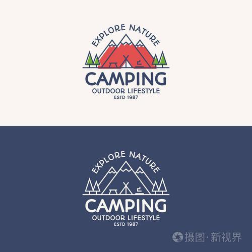 野营的标志组成的山脉, 帐篷, 火树为旅行徽章,旅游符号集