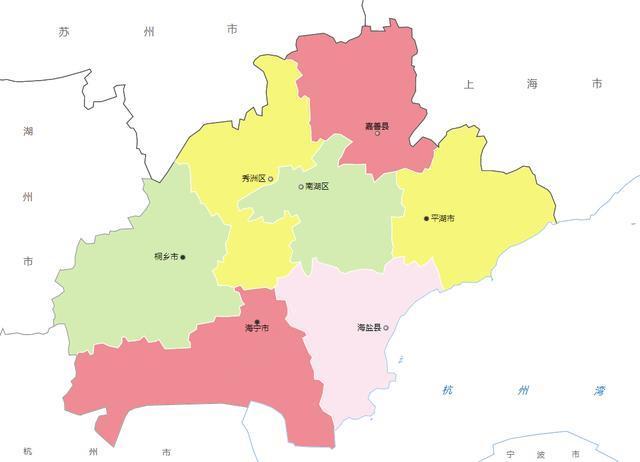 下面是浙江省嘉兴市的行政区划地图,2个市辖区,2个县,3个县级市的结构