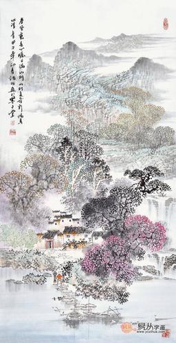 【点评】这是一幅国画写意山水画,描写的是阳春时节的山村景象.