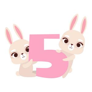 滑稽可爱的兔子动物和数字五, 生日纪念日, 学会计数概念卡通矢量插图