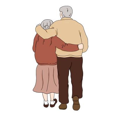 老人夫妻背影互相搀扶卡通png素材老人夫妻元素