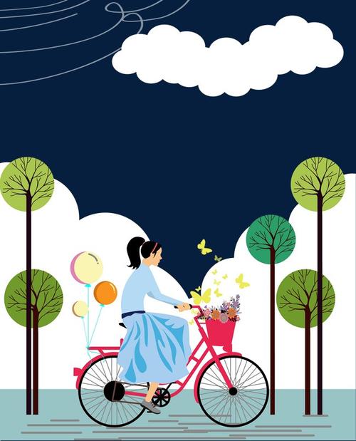 可爱的手绘卡通可爱的骑自行车的女生矢量图
