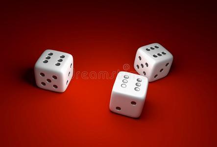三骰子和数字六向红色的赌场背景照片