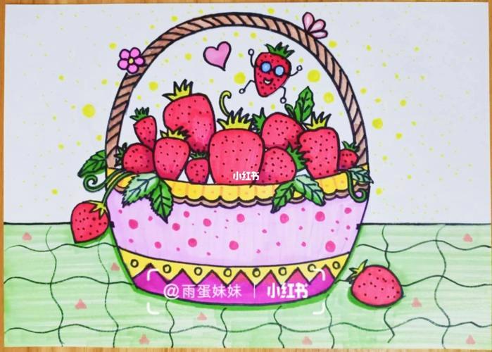 儿童创意卡通画简笔红红的草莓变红了篮子草莓简笔画儿童画创意画