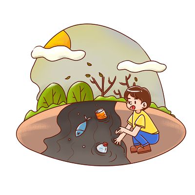 儿童插画卡通插画环境保护天变灰河变脏生态环境在受伤手绘人物素材