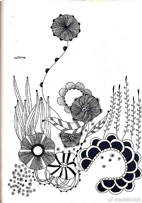 一组简洁律动,疏密有致的花卉黑白装饰画素材～儿童创意美术超话创意