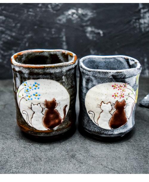 予粹日式茶具九谷烧手工情侣猫咪汤吞茶杯陶瓷彩绘杯子夫妇水杯猫咪对