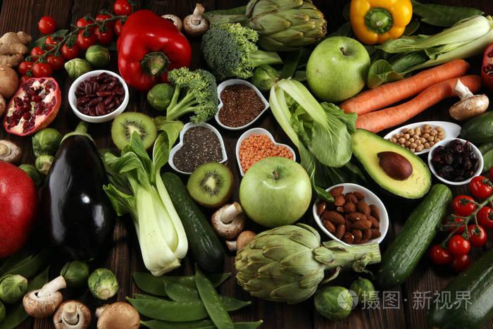 健康食品清洁饮食选择. 水果蔬菜种子超级食品谷物叶蔬菜. 素食或素食