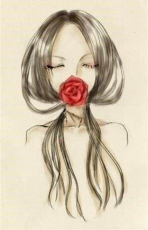 一个女孩闭着眼睛嘴里含一支玫瑰花的图片