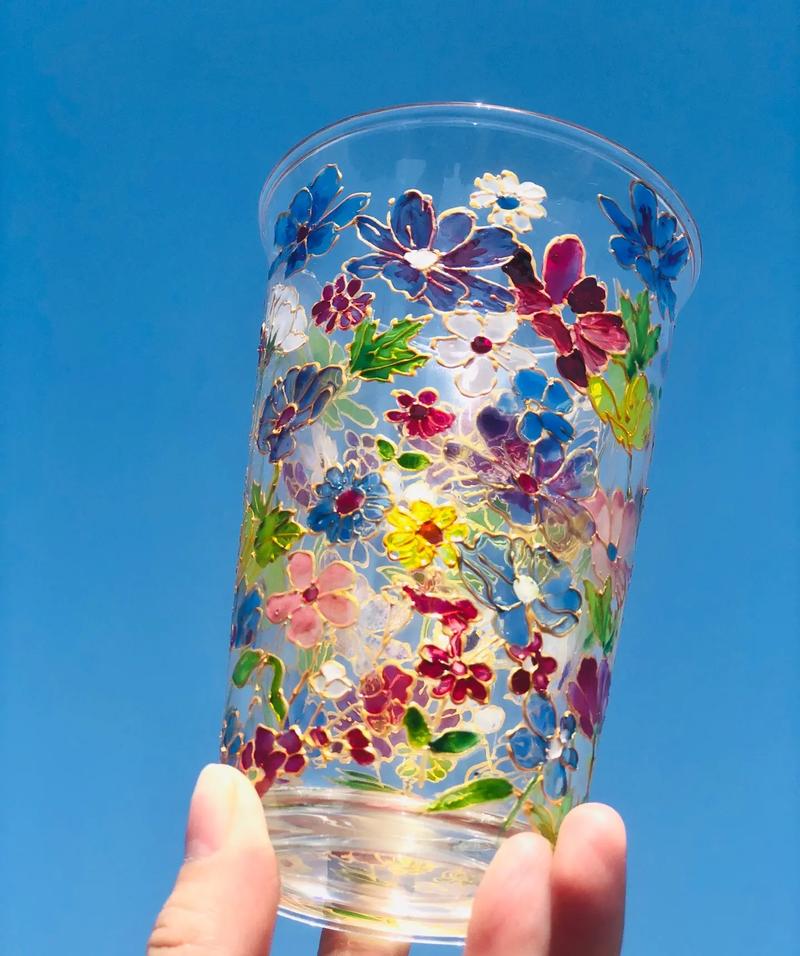 原创五颜六色花花手绘玻璃杯