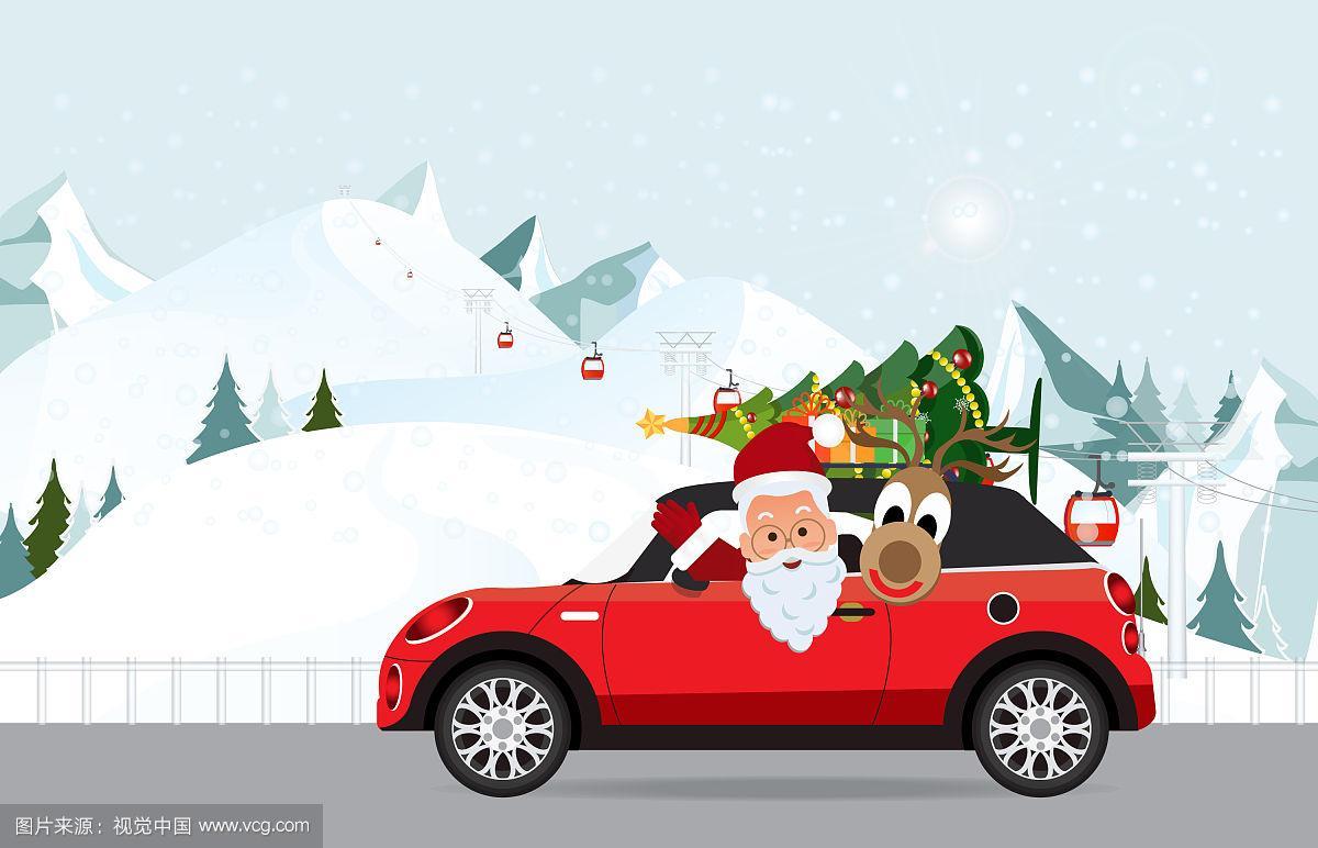 滑稽的圣诞老人和驯鹿开着红色的车