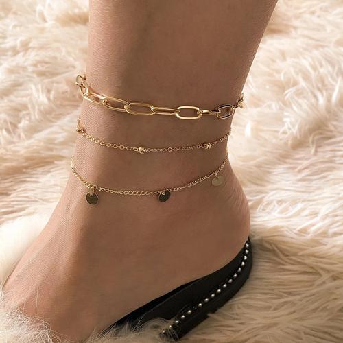 个性几何亮片吊坠脚饰女波西米亚时尚金属铜珠链脚环三层叠带脚链