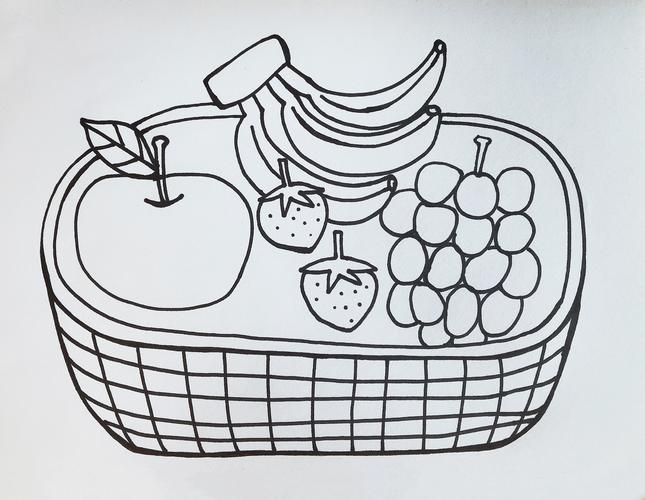 画水果:在画纸上画出苹果,草莓,葡萄,香蕉; 创意综合一《立体草莓》