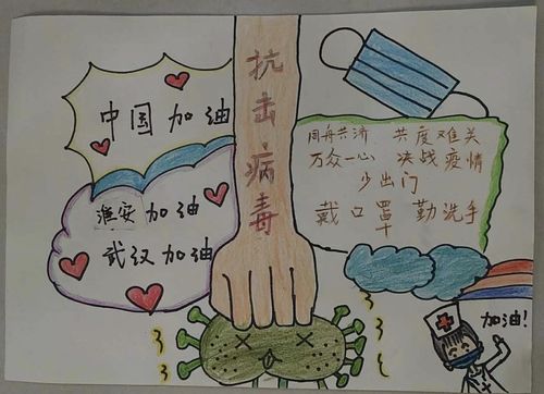 淮阴实验小学生五年级学生自创手抄报,绘画为武汉加油!为中国加油!