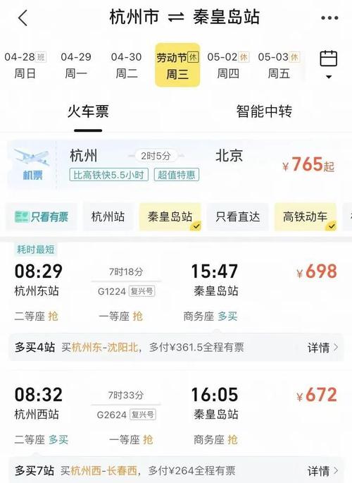记者在第三方平台上网查询了5月1日杭州至秦皇岛的高铁票