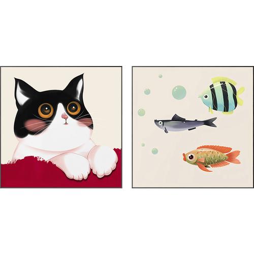 装饰画卡通小猫小鱼动物正方形儿童两联画卧室挂画现代装饰画