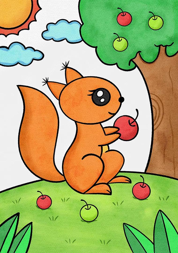 小松鼠儿童画教程.爱吃苹果的小松鼠儿童画教程,又萌又可爱#图 - 抖音