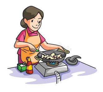 车房室内快乐家庭的母亲,女儿在厨房里做饭卡通家庭主妇在厨房做饭在